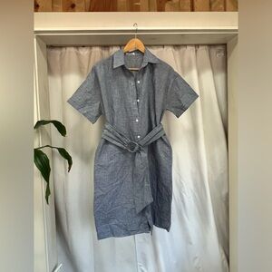 Navy gingham ring-belted button down womens dress